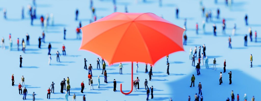 Human crowd surrounding an umbrella object on blue background. Horizontal  composition with copy space.